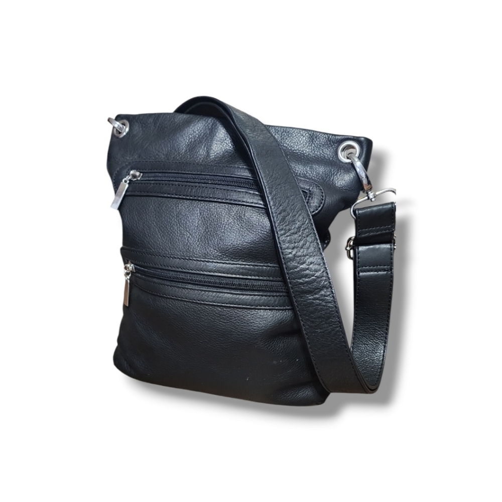 Margot black pebbled leather crossbody bag purse 3 compartment zippers